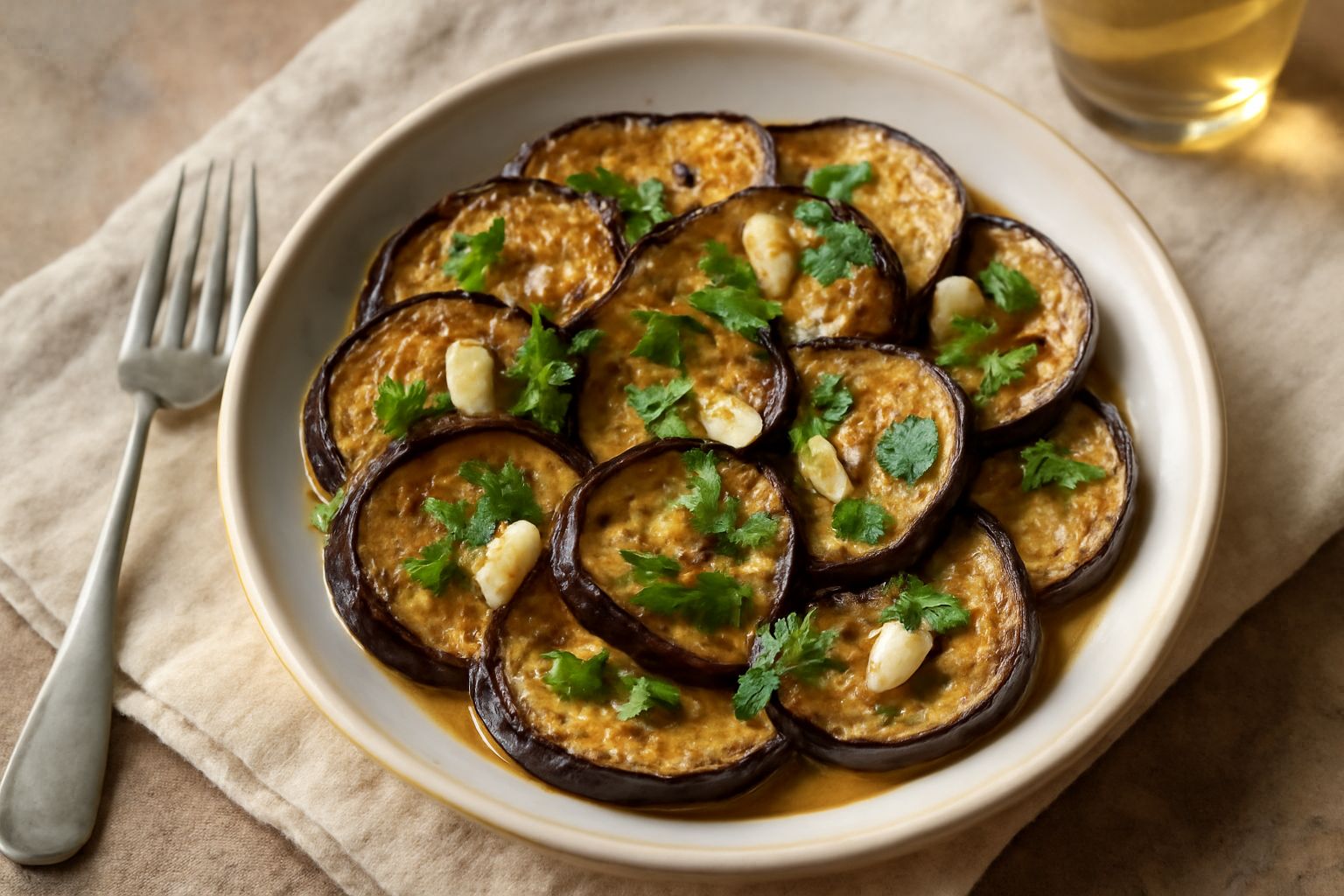 Melanzane viola tagliate a fette, dorate in padella, condite con aceto e miele, decorate con foglie di menta fresca e pinoli sparsi