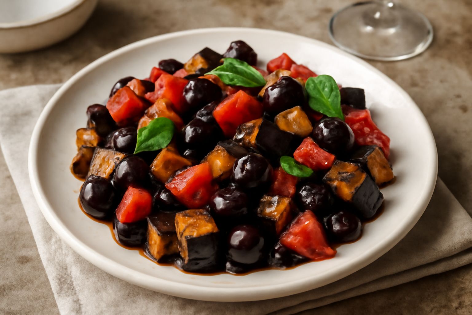 Melanzane alla siracusana servite in un piatto bianco: cubetti di melanzana viola scuro, pomodori rossi, olive nere lucide, prezzemolo verde sparso, condimento agrodolce che brilla, contorno di pane s