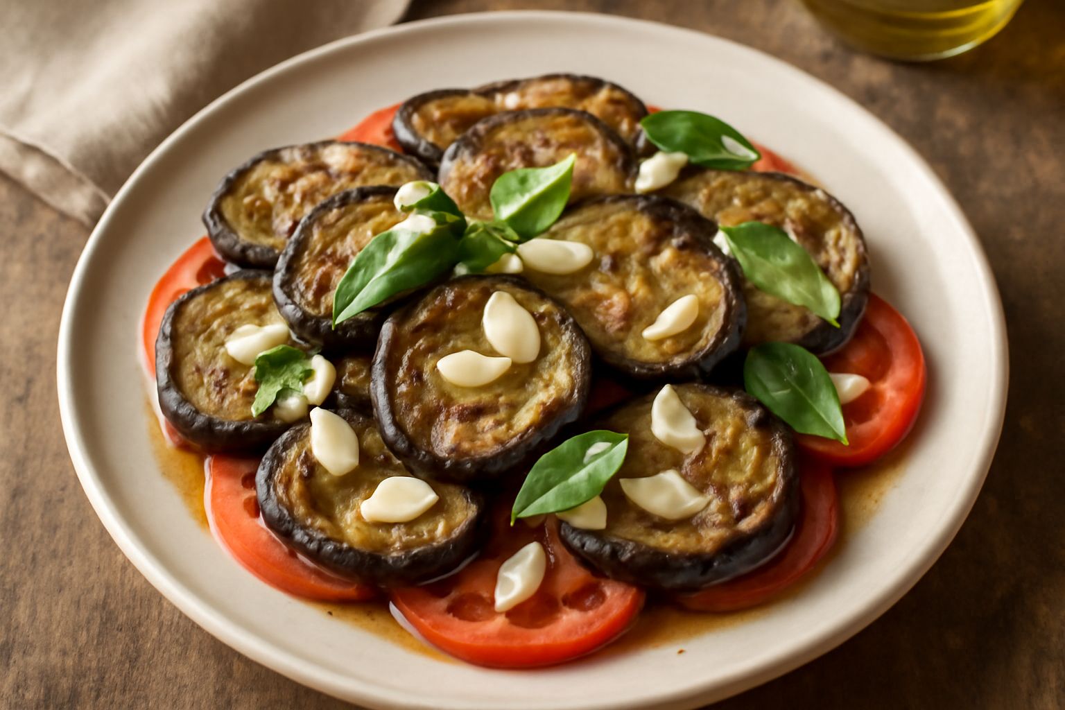 Melanzane grigio-viola fritte tagliate a pezzi, coperte di pomodori rossi freschi, aglio e basilico verde in un piatto bianco, con oliva lucida sulla superficie