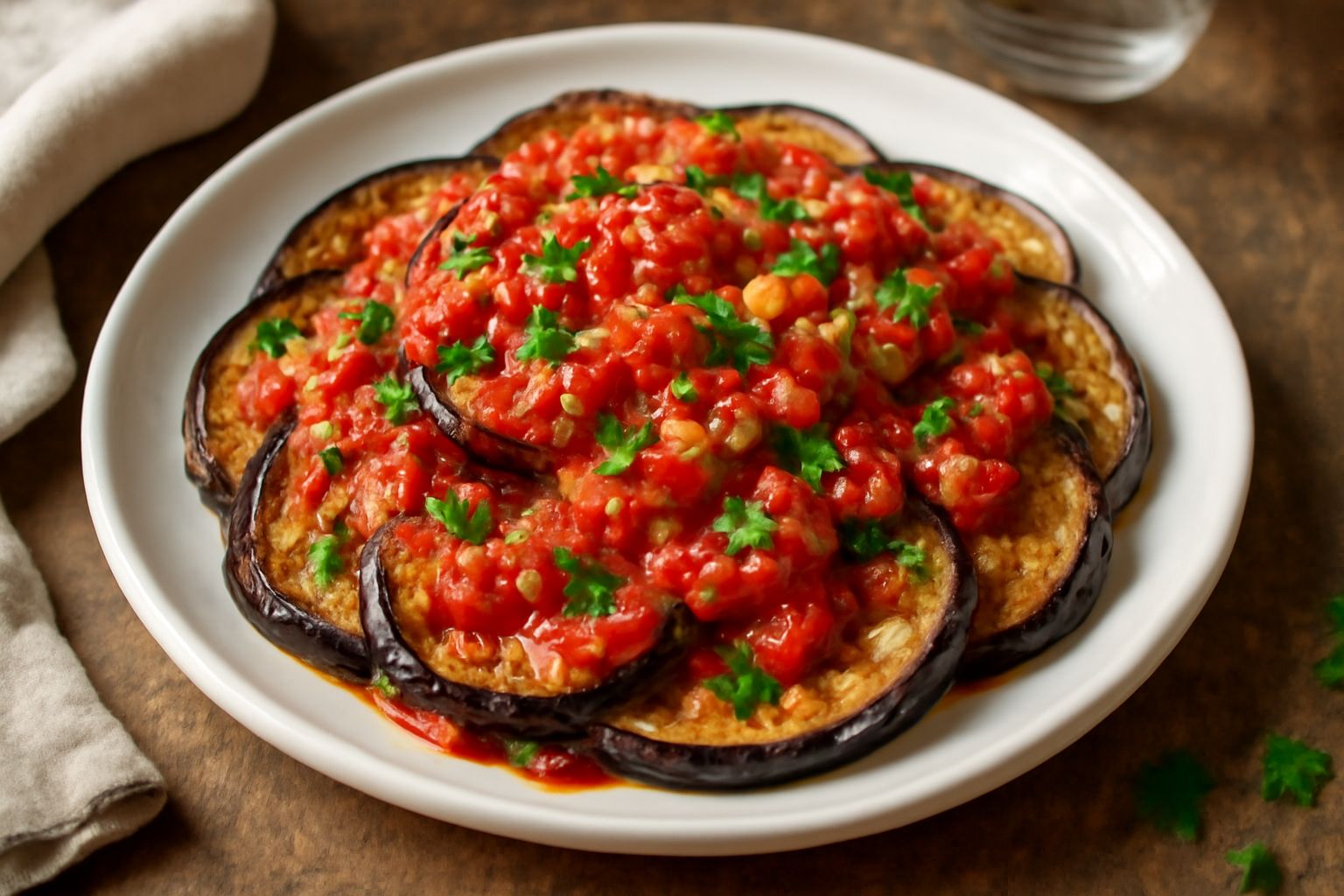 Melanzane viola scuro tagliate a rondelle, fritte e condite con pomodori rossi, aglio minuzzato e prezzemolo verde brillante, disposte in piatto bianco, con olio d'oliva lucido sulla superficie