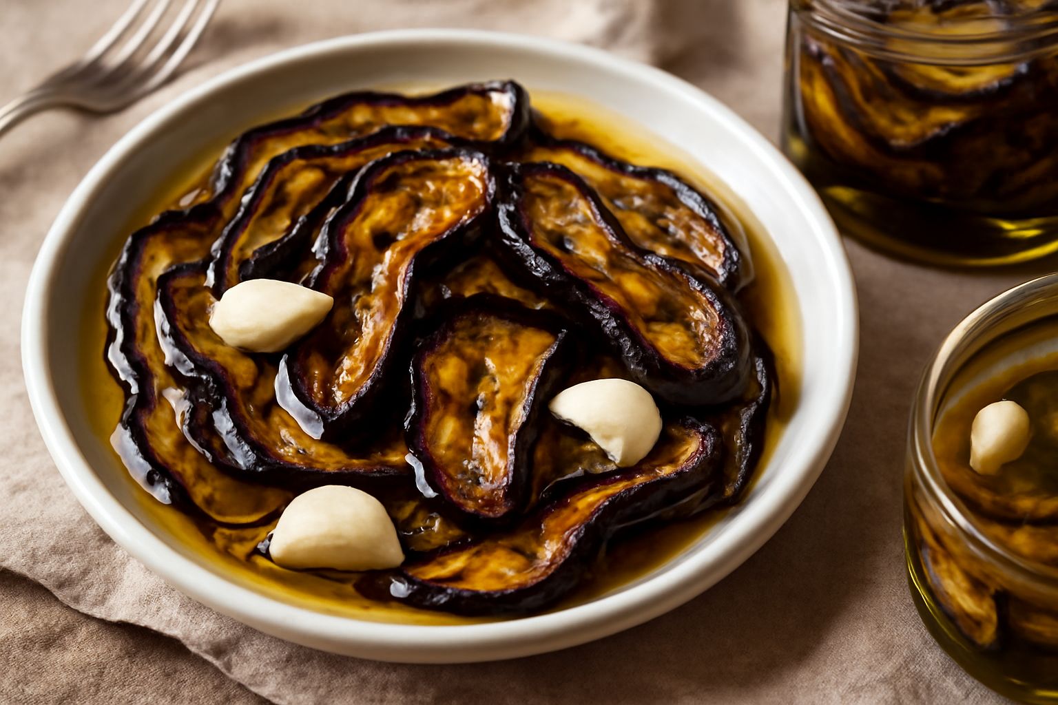 Melanzane tagliate a fette sottili, fritte e disposte in un barattolo di vetro trasparente con olio chiaro, aceto e aglio visibile, con colore viola-scuro delle melanzane e riflessi dorati dell'olio