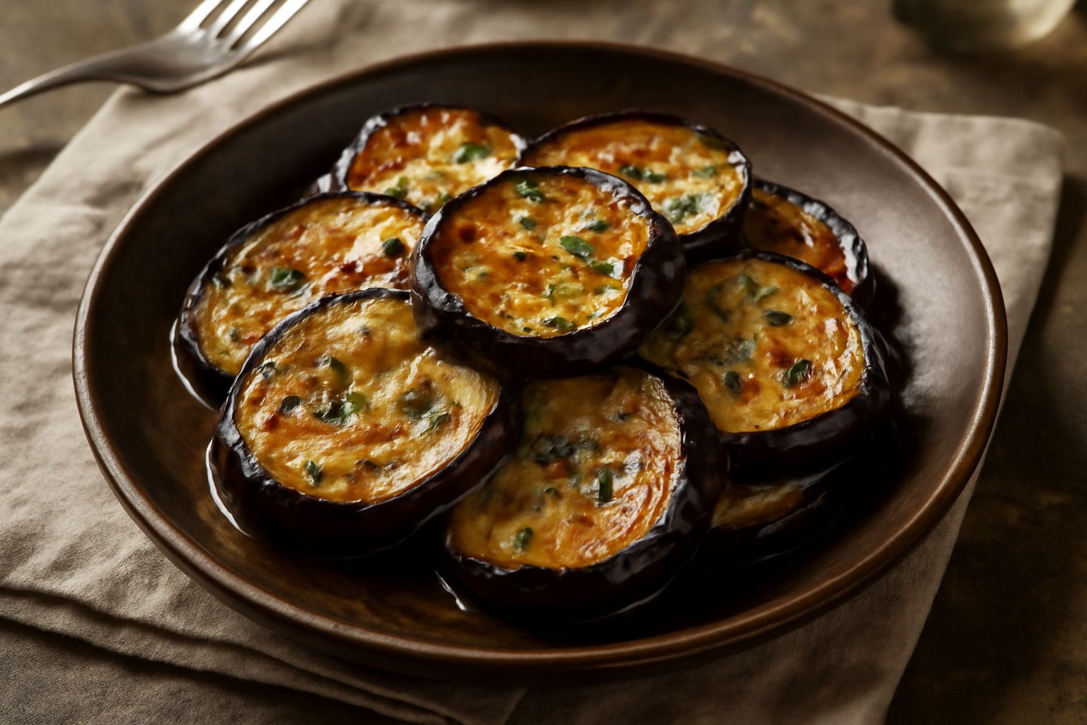 Melanzane arrostite in fette dorate, disposte su un piatto bianco, con segni di bruciatura sulla superficie, olio lucido e basilico fresco al contorno