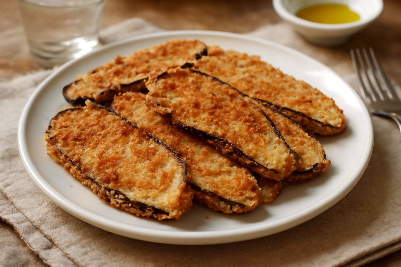 Melanzane arrostite in pane dorate e croccanti disposte in piatto bianco, con la panatura marrone e croccante visibile, accompagnate da una guarnizione di prezzemolo fresco