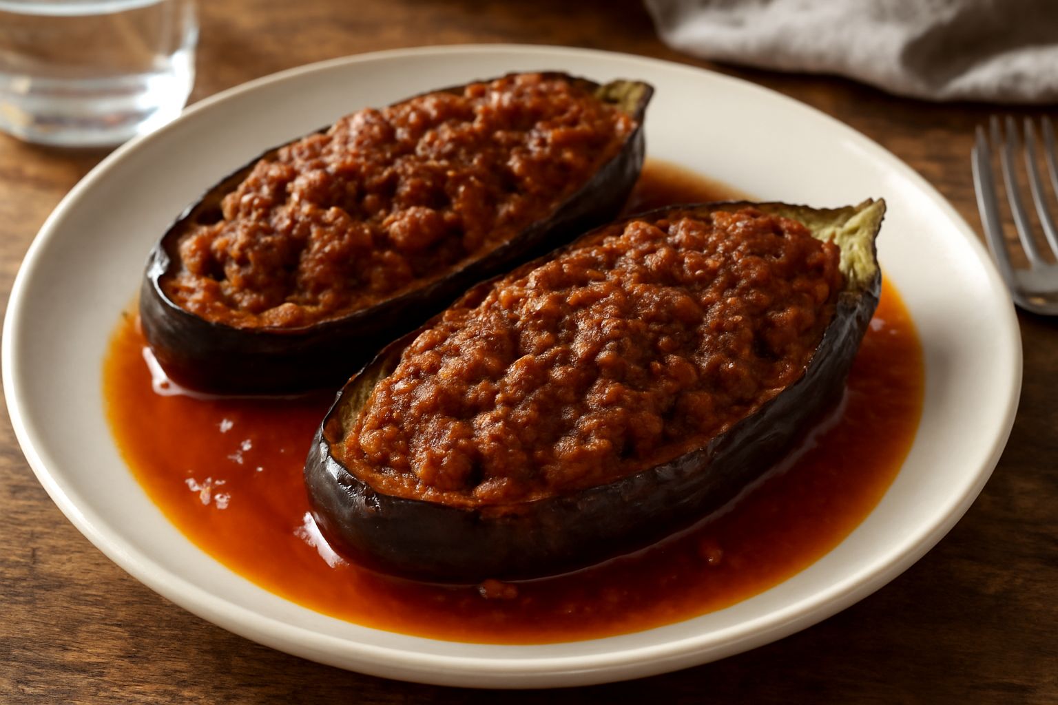 Due melanzane ripiene tagliate a metà, nel piatto con ragù di carne visibile sulla superficie, bordo dorato dal forno, contorno di sugo rosso intorno, parsley fresca sopra, fondo di piastra bianca