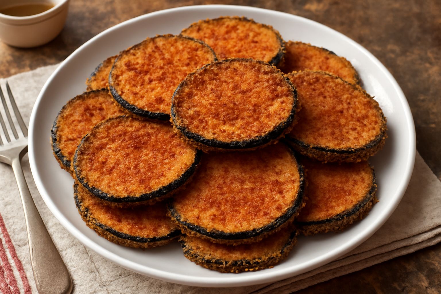 Fette di melanzana dorate e croccanti ricoperte di pangrattato dorato, disposte su un piatto bianco con un filo di olio d'oliva e prezzemolo fresco