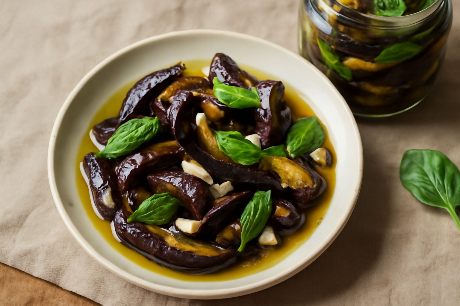 Vasetto di vetro con melanzane tagliate a fette, ricoperte d'olio trasparente, foglie di basilico verde intenso visibili tra le fette scure, aglio bianco affettato, fondo bianco