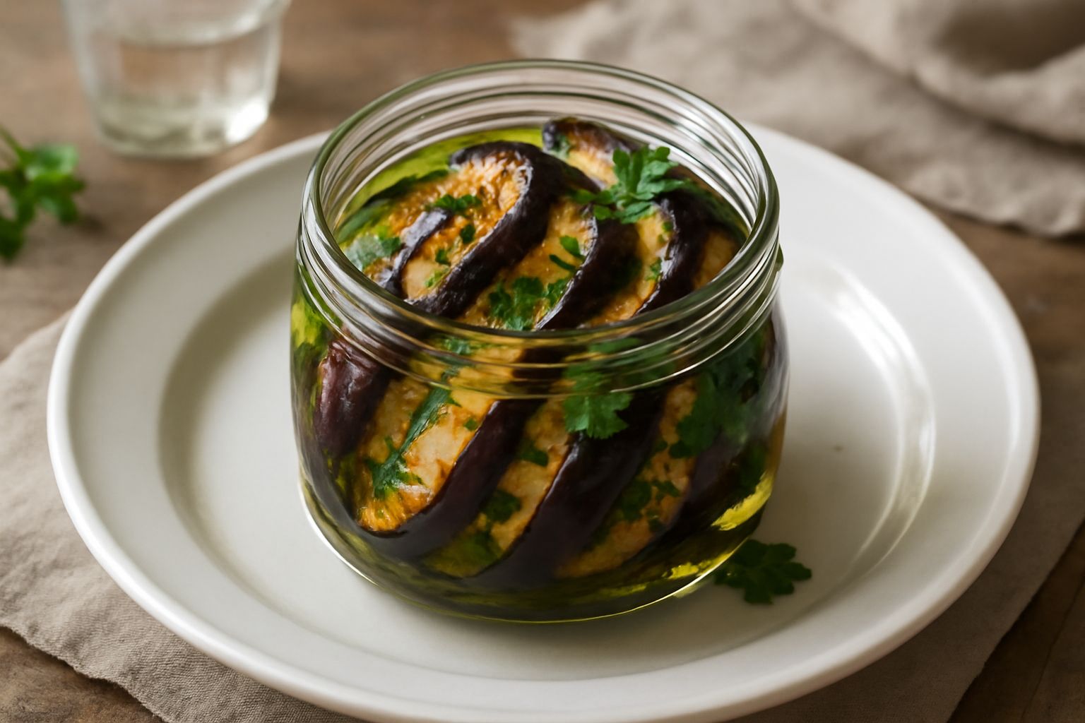 Vasetto di vetro trasparente con melanzane tagliate a fette verticali alternate a foglie di menta verde, ricoperte di olio extravergine dorato, sfondo bianco con cucchiaio di legno accanto