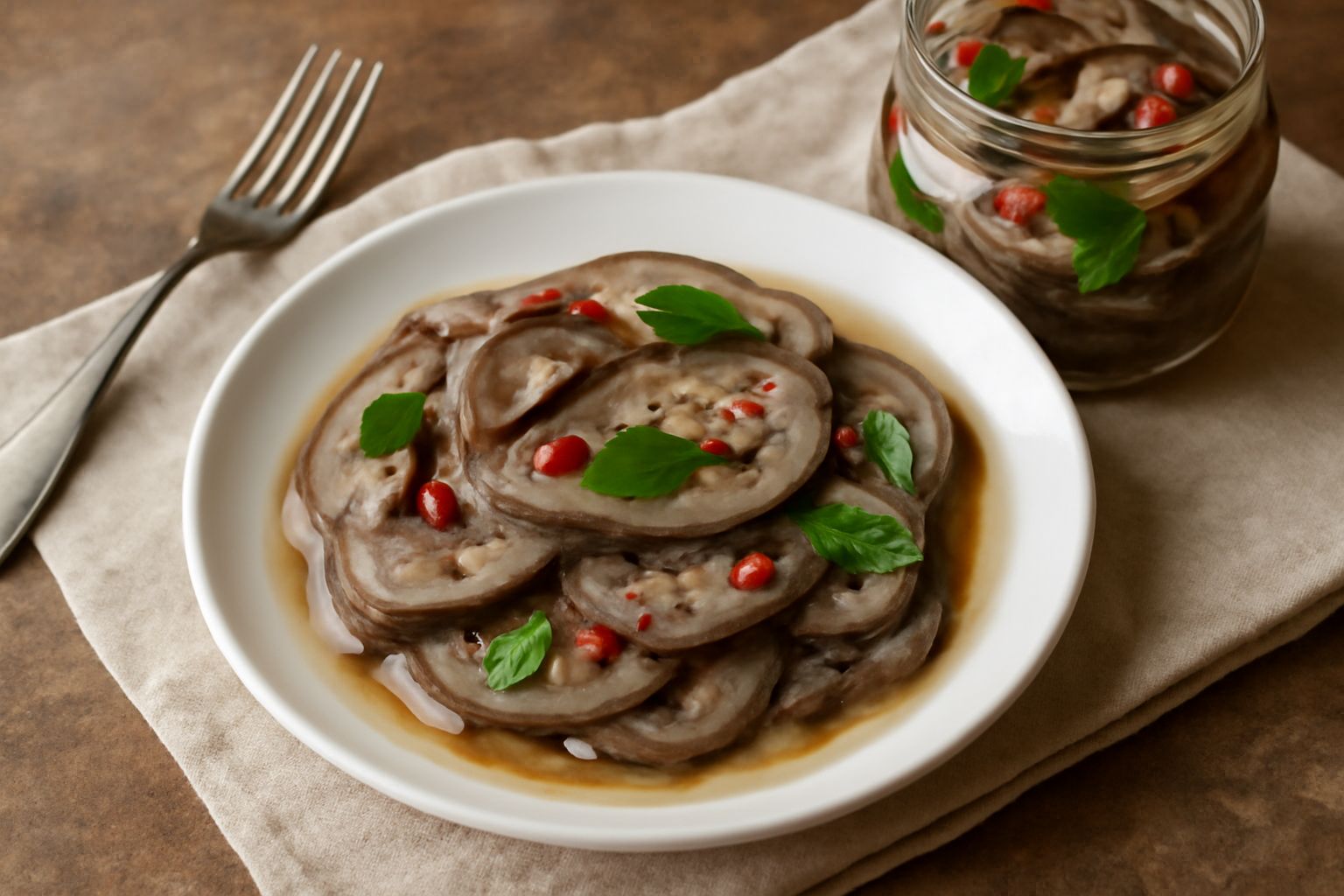 Melanzane grigio-violacee tagliate in fettine sottili, coperte di liquido trasparente ambrato con aglio e peperoncino rosso, disposte in un vasetto di vetro trasparente con spezie visibili