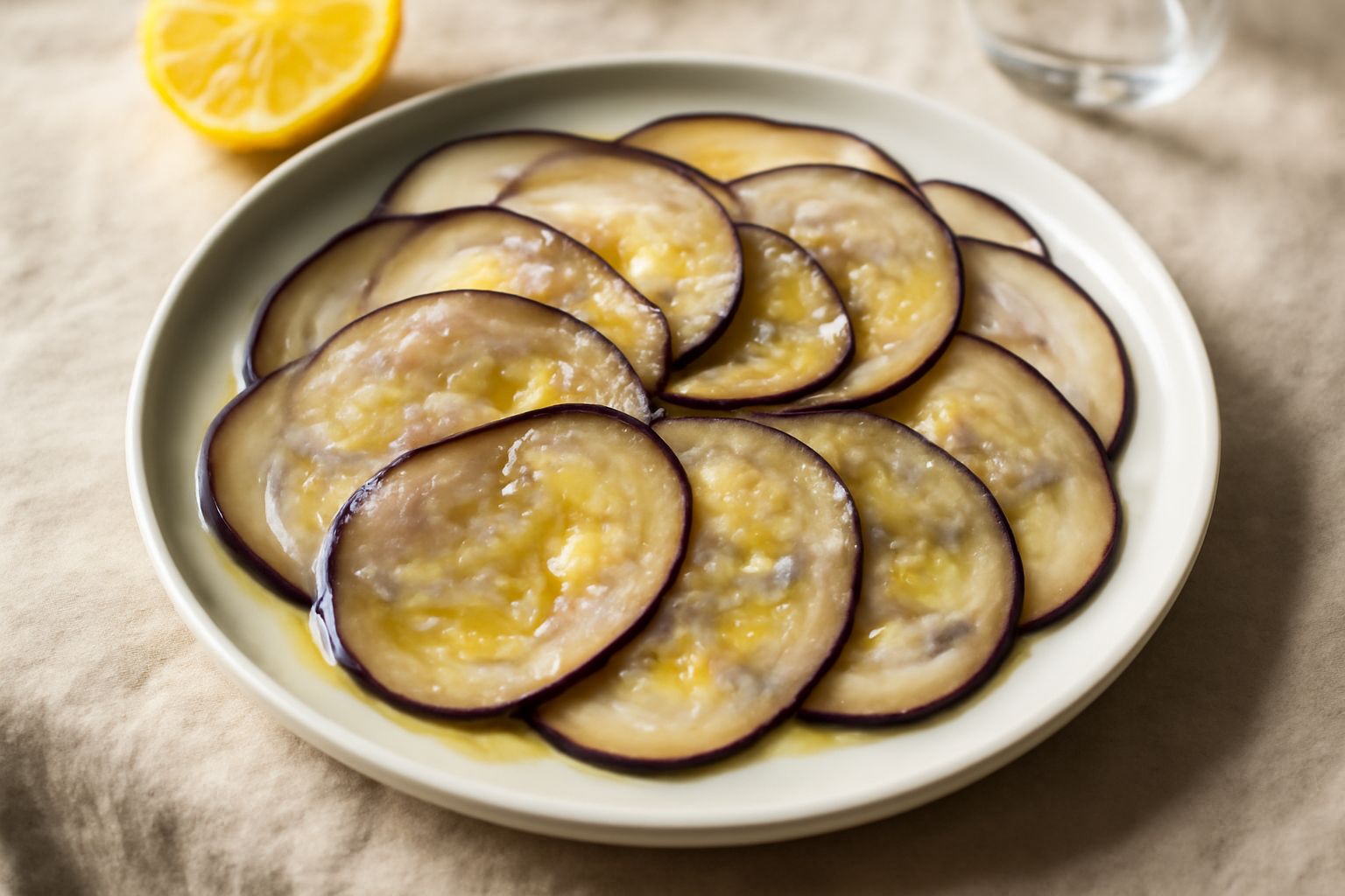 Melanzane a fette sottili e trasparenti disposte a ventaglio su un piatto bianco, irrorate di succo di limone giallo brillante, con foglioline di menta verde e gocce di olio d'oliva.