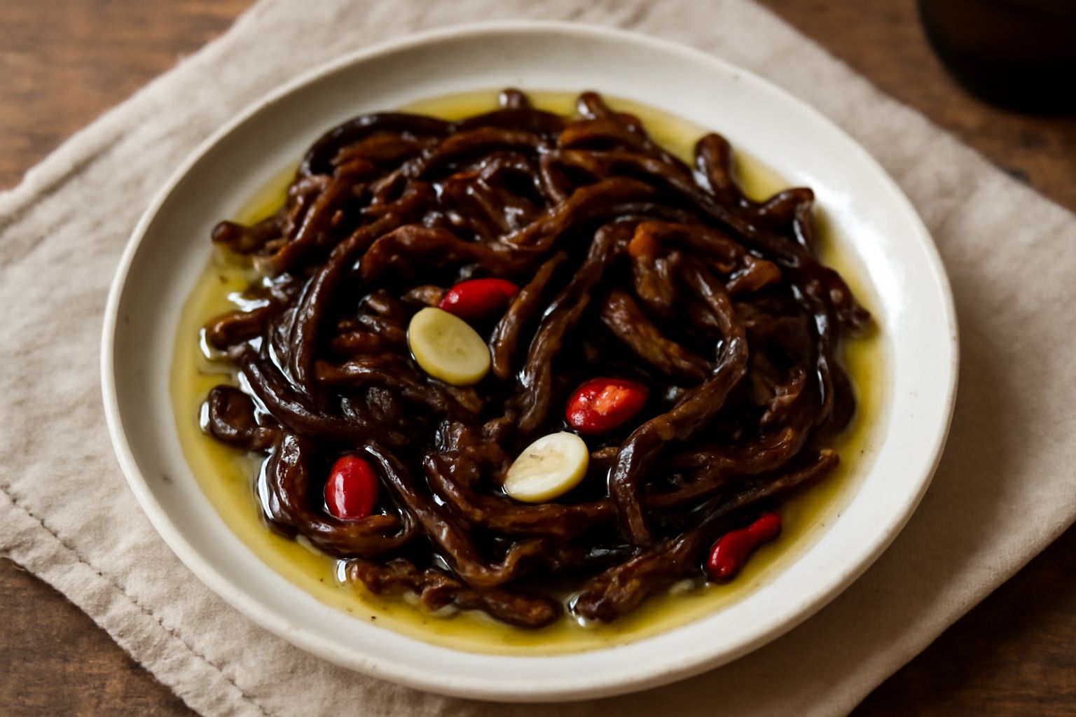Vasetto di vetro con melanzane cruschi sott'olio: striscioline scure e lucide immerse in olio trasparente, con spicchi d'aglio bianco e peperoncino rosso in superficie