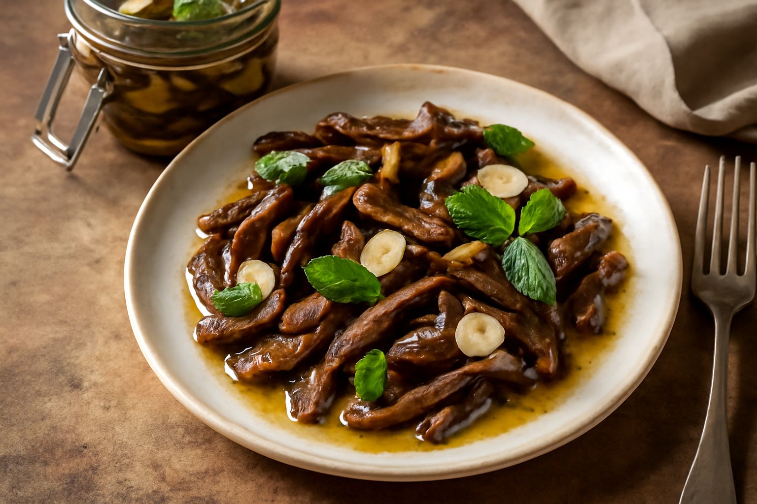 Barattolo di vetro con melanzane tagliate a listarelle di colore scuro e lucido, ricoperte d'olio chiaro, aglio in fette e foglie di menta fresca visibili tra le verdure