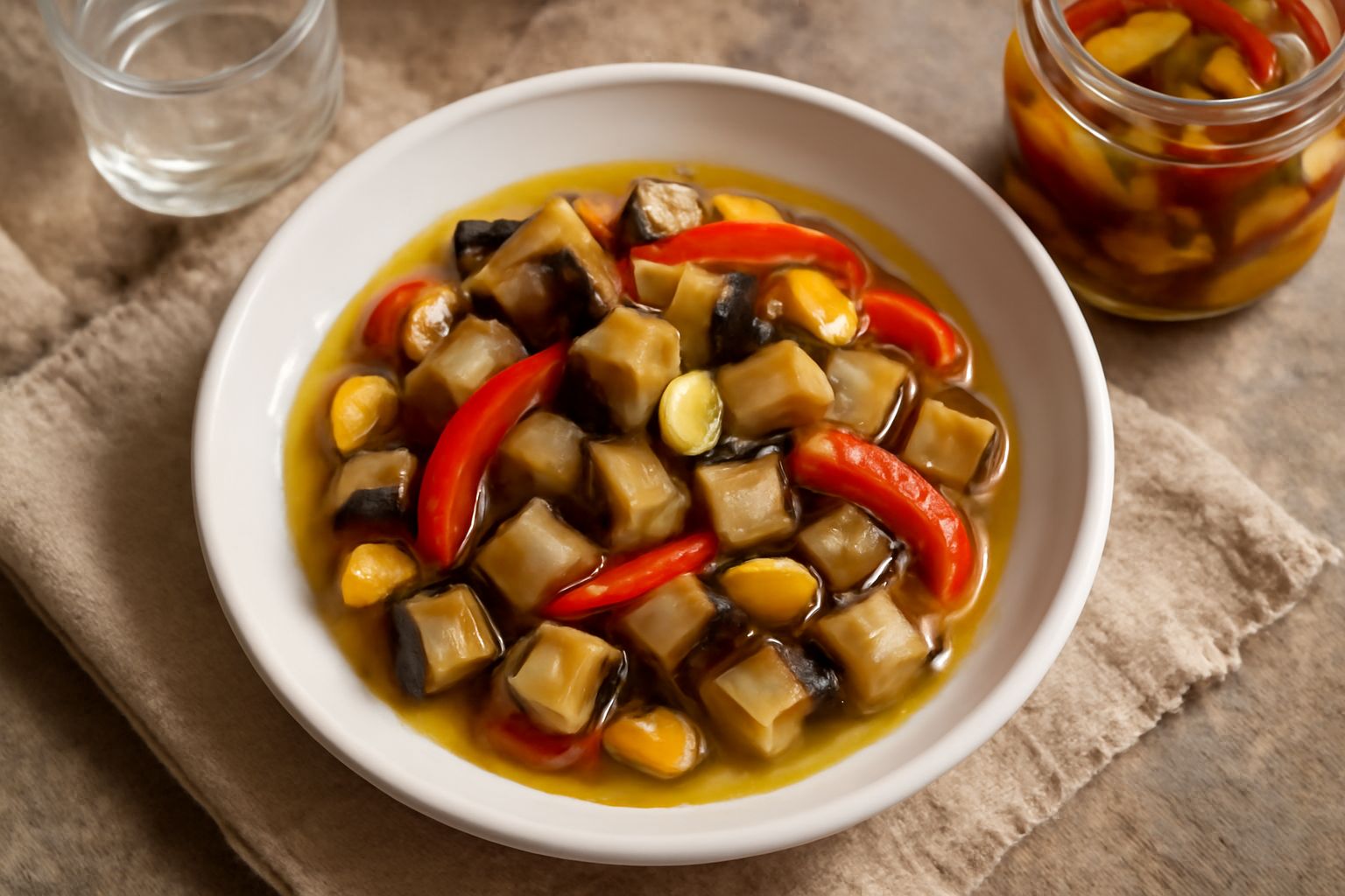 Vasetto di vetro con melanzane viola a cubetti e peperoni rossi brillanti immersi in olio dorato, con aglio affettato e peperoncino visibile, su fondo bianco con accanto verdure fresche