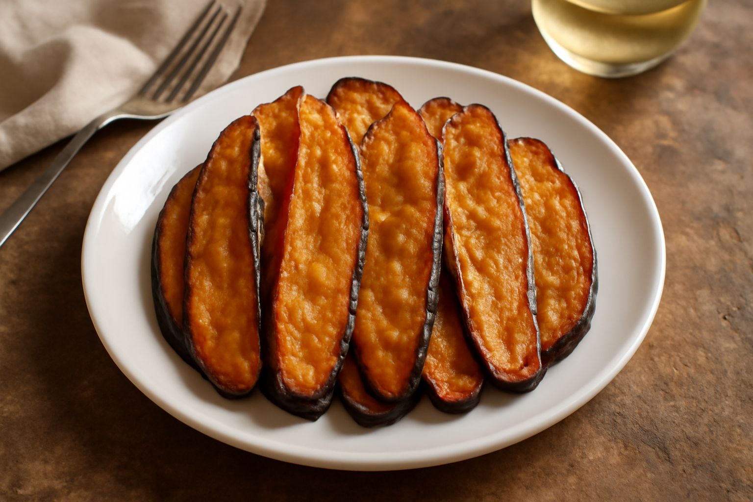 Melanzane fritte tagliate a fettine, dorate e croccanti su un piatto bianco con una leggera spolverata di sale grosso e qualche foglia di prezzemolo fresco