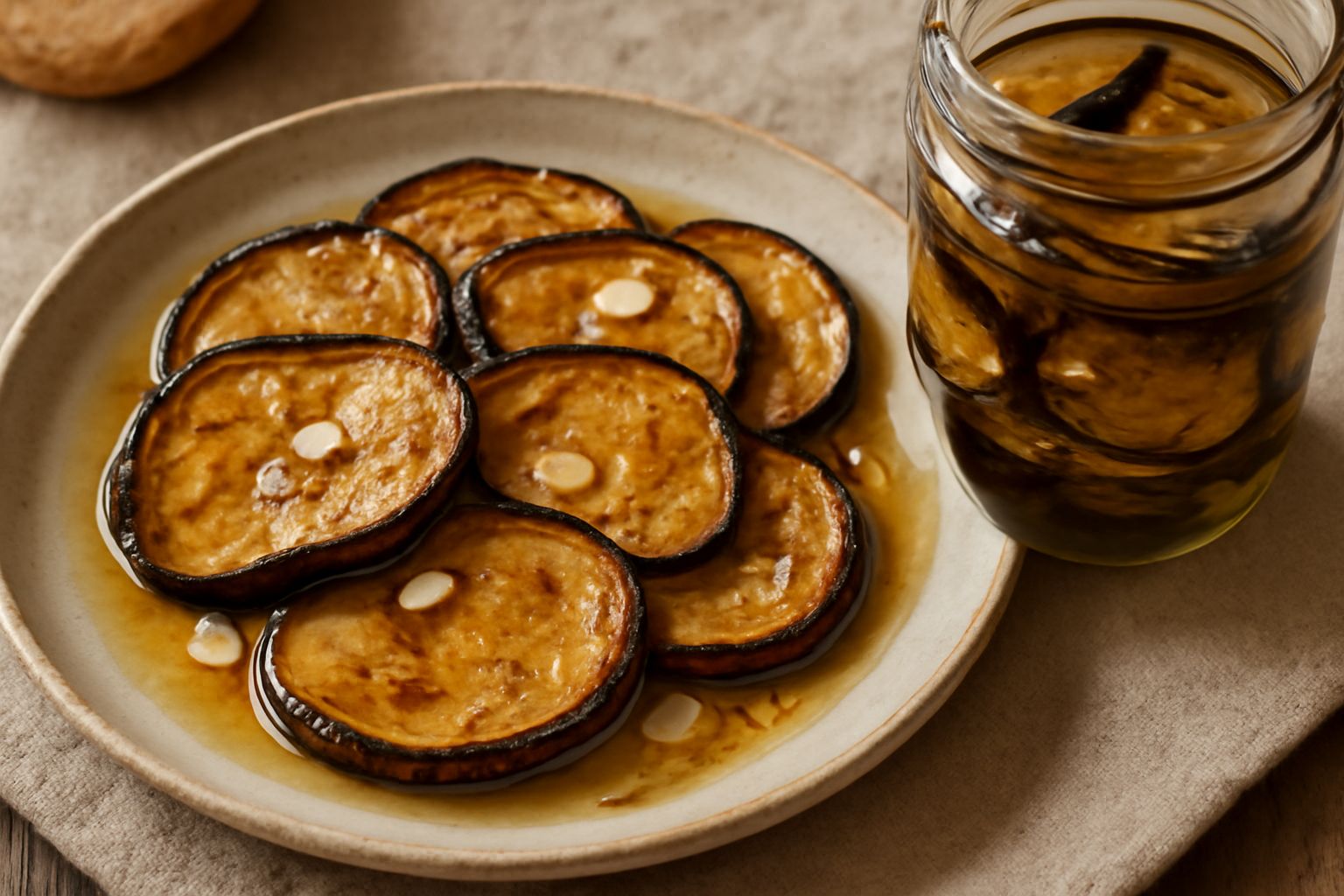 Melanzane fritte dorate e croccanti disposte in un vasetto di vetro con olio, aglio affettato e aceto, circondate da alcune fette fresche di melanzana blu scuro su un tavolo in legno