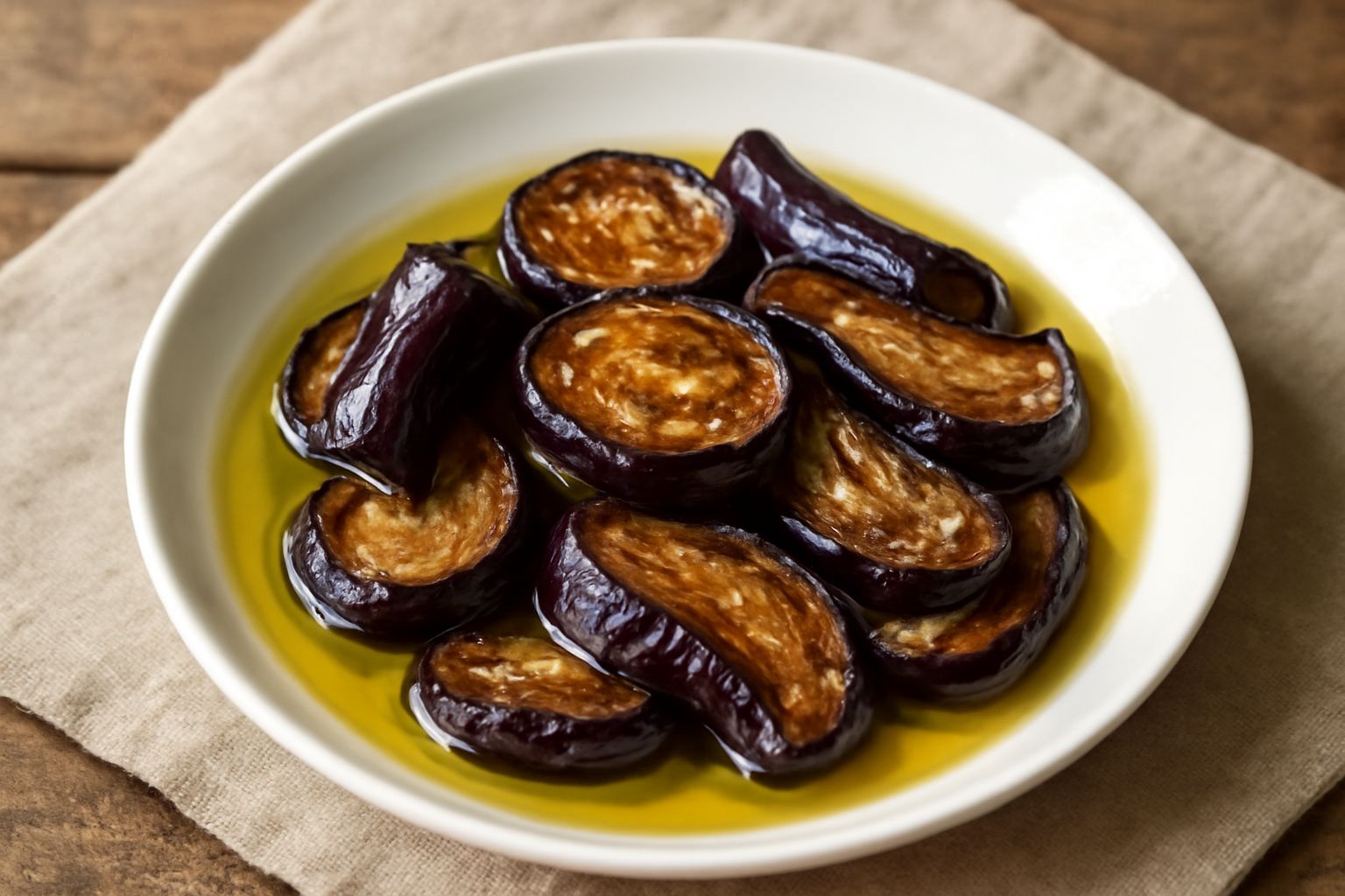 Melanzane fritte viola scuro, disposte verticalmente in un vasetto di vetro trasparente coperto d'olio d'oliva giallo, con foglie di prezzemolo fresco e spicchi d'aglio in rilievo sulla superficie.