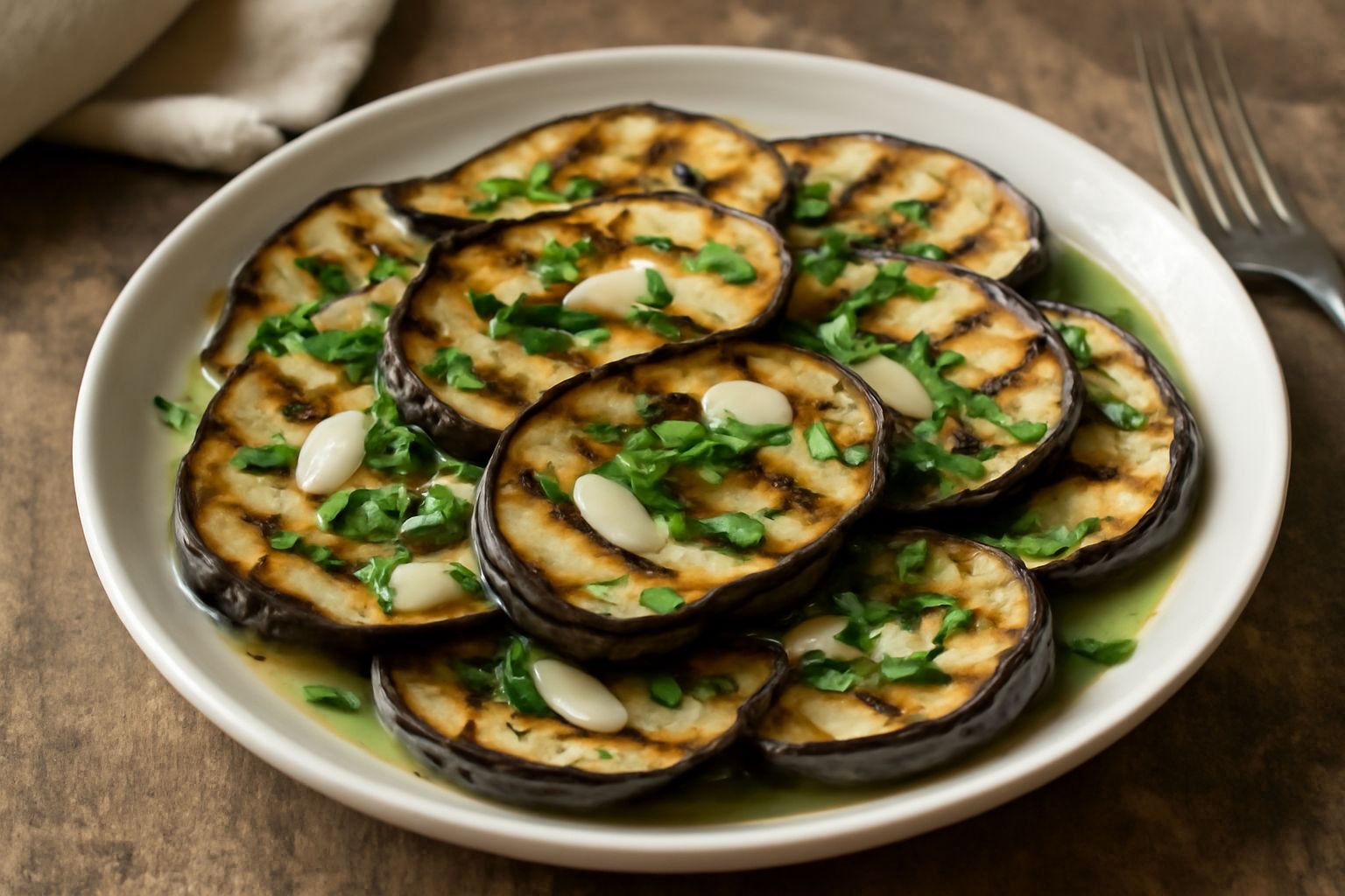 Melanzane grigliate a fette, di colore scuro ai bordi e interno tenero, coperte da marinatura trasparente con olio, aglio affettato e foglioline di menta verde fresca, disposte in un piatto bianco