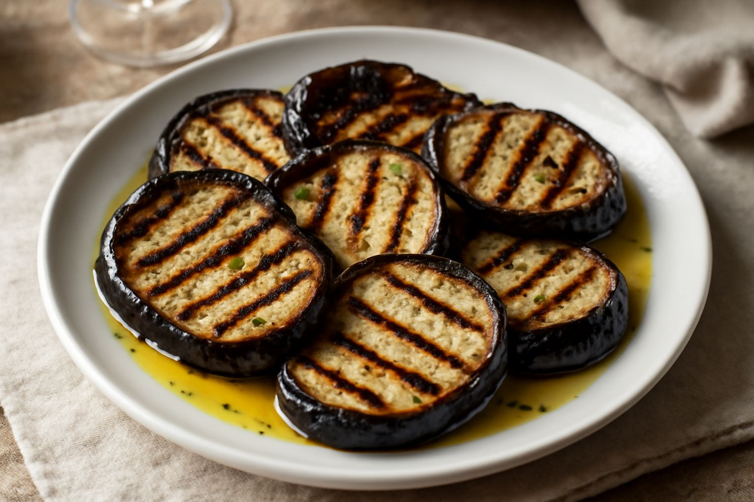 Melanzane grigliate tagliate a fette spesse di colore marrone dorato con righe nere dalla griglia, disposte in un piatto bianco con olio lucido, spicchi di aglio sottile e foglie di menta verde.