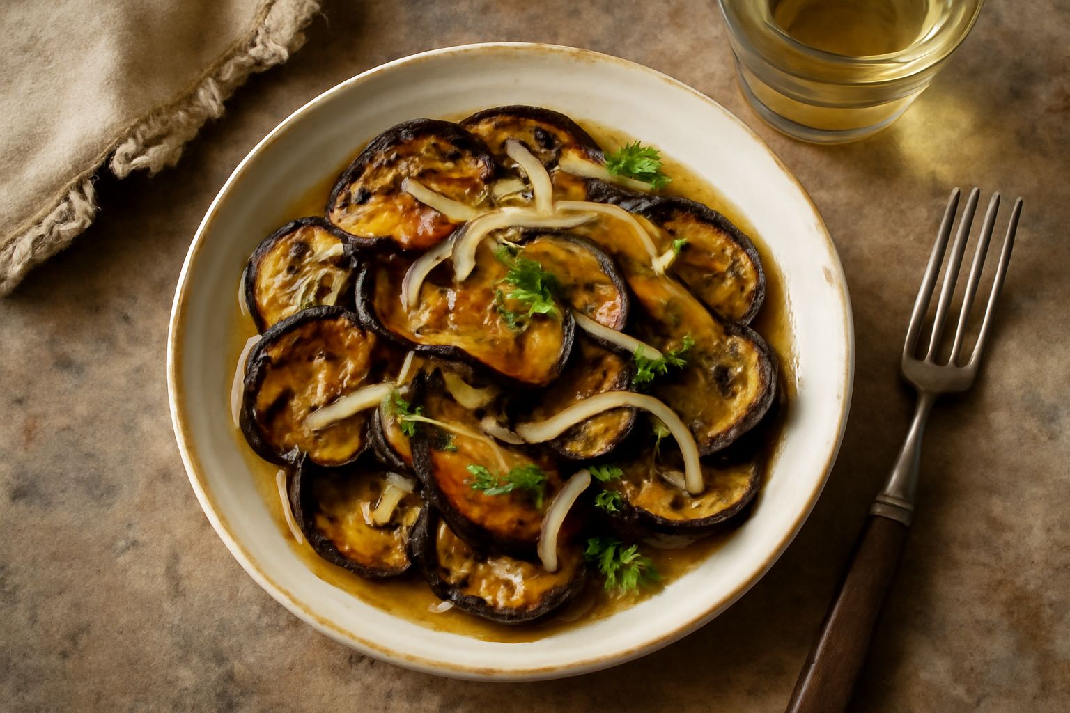 Melanzane viola tagliate a fette, dorate in padella, immerse in una marinata di aceto, aglio e menta fresca in un barattolo di vetro