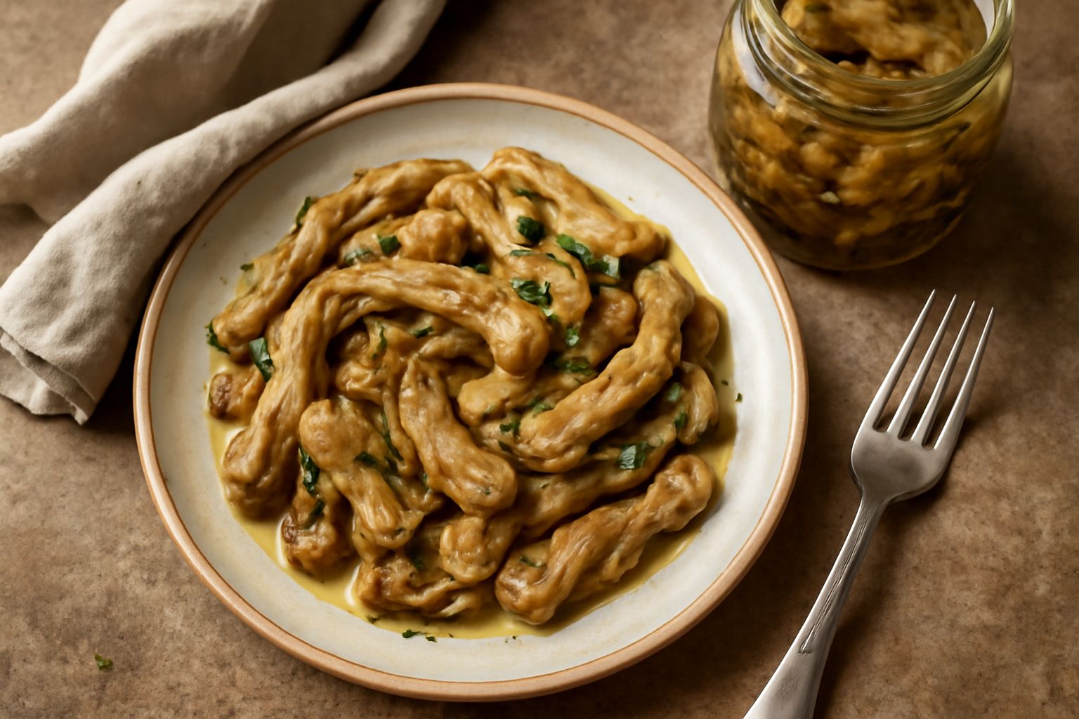 Tre piatti diversi su un tavolo: uno con melanzane in pasta frolla dorata, uno con melanzane gratinate in teglia con mozzarella filante, uno con frittata gialla con strisce scure di melanzane visibili