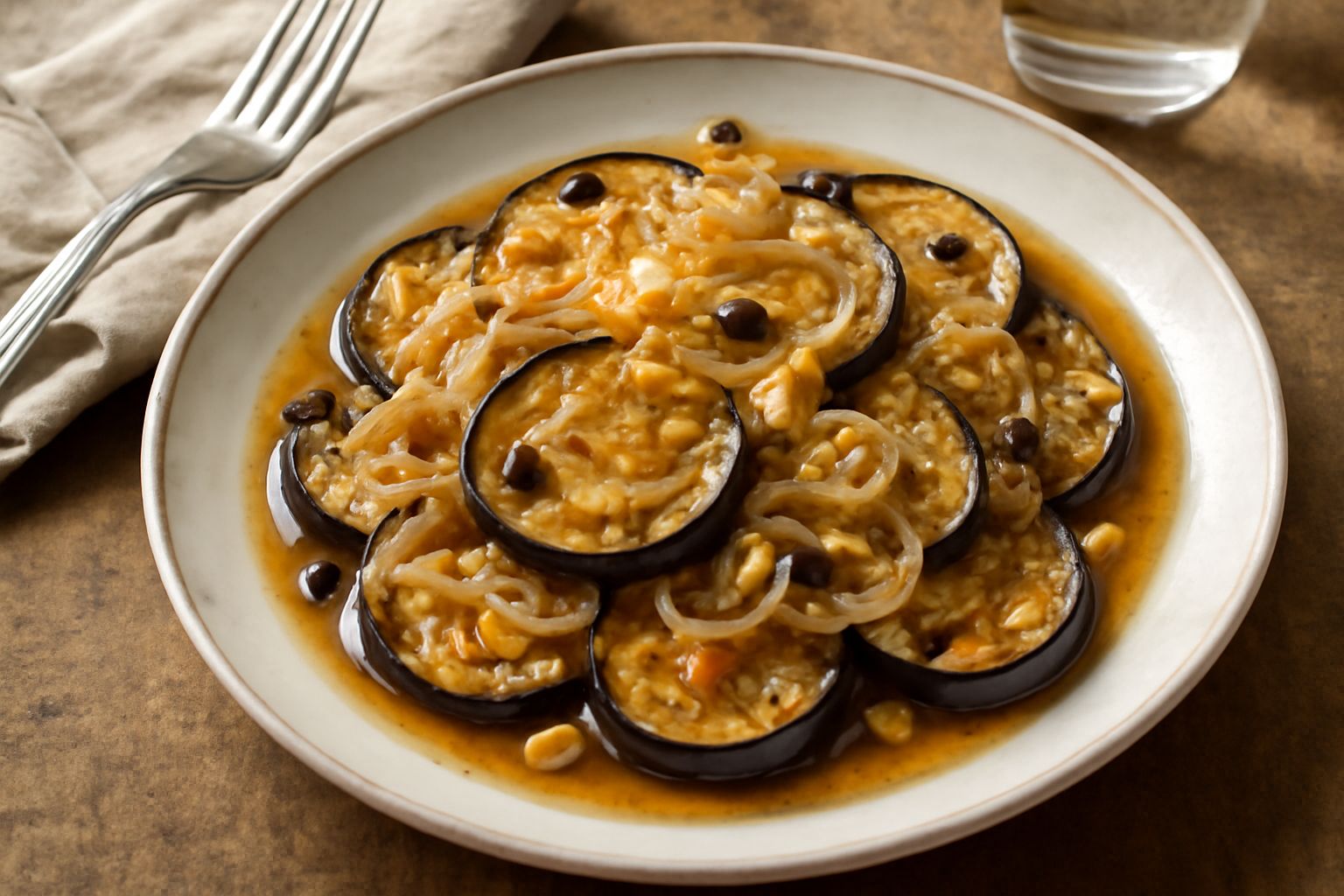 Melanzane in saor servite in un piatto bianco: fette di melanzana scura e morbida alternate a cipolla dorata trasparente, sparse di pinoli chiari e uvetta scura, cosparso di prezzemolo fresco verde