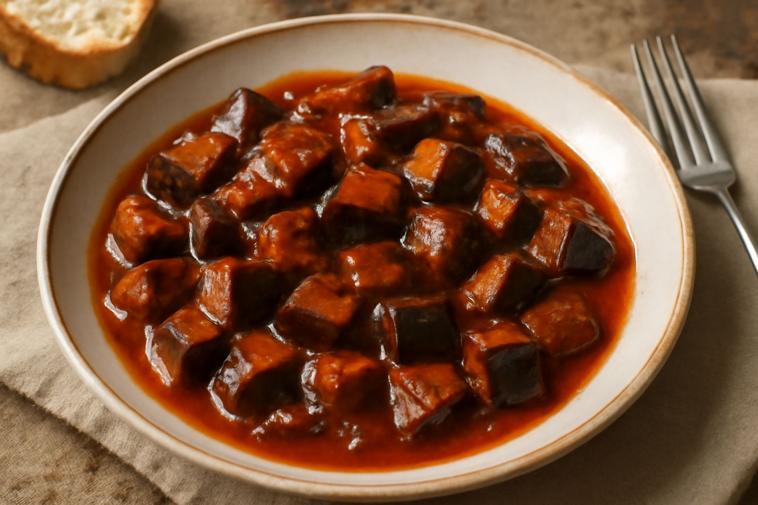 Ciotola di melanzane in umido con pezzi morbidi e scuri, immersi in sugo rosso di pomodoro concentrato, decorati con foglie di prezzemolo fresco verde, servito in piatto bianco con bordo liscio
