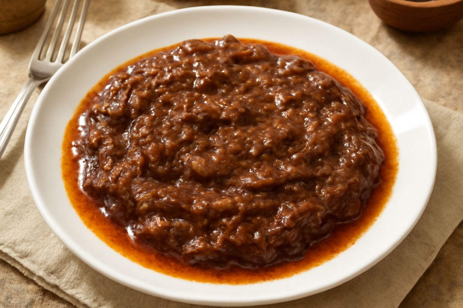 Piatto bianco con melanzane in umido marrone scuro e rosso, cremose, con piccole bolle di olio lucido, cosparse di prezzemolo fresco verde.