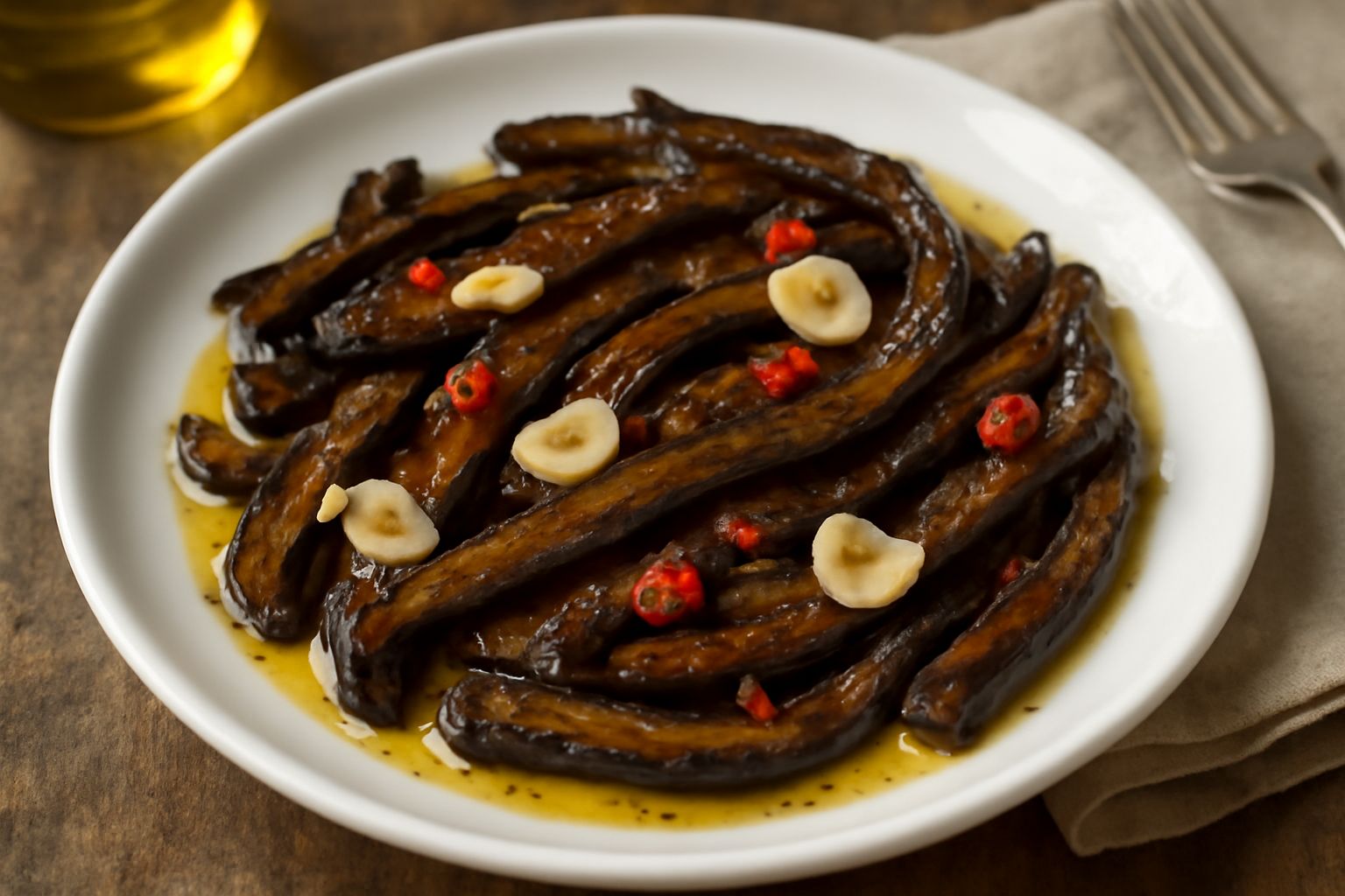 Melanzane scure tagliate a strisce fitte, dorate e lucide d'olio, cosparse di peperoncino rosso frantumato e aglio affettato, in una ciotola di vetro con olio giallo oro visibile