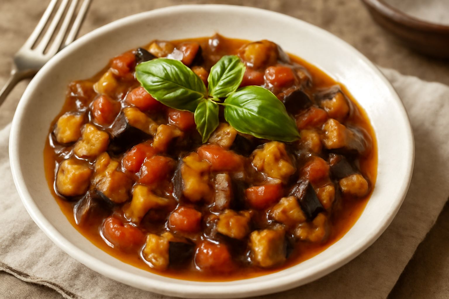 Melanzane tagliate a dadini rosse e viola, risottate in padella, con pomodori rossi freschi, aglio affettato e basilico verde sparso in superficie