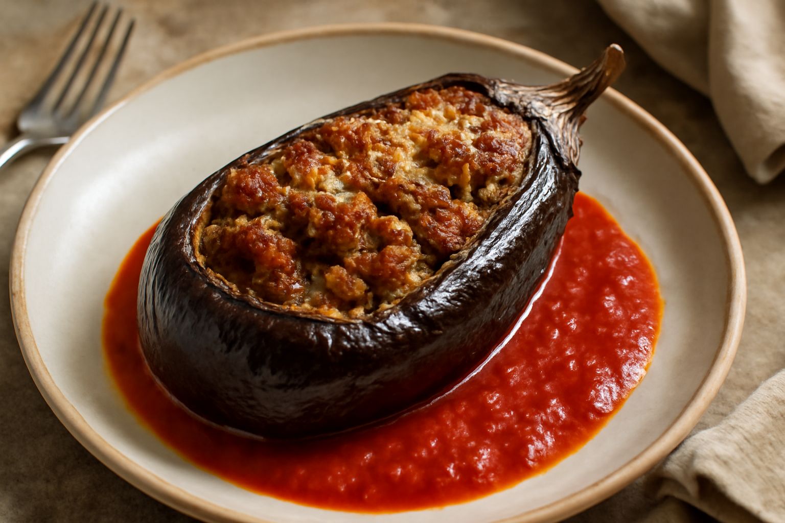 Melanzane tagliate a metà ripiene di carne macinata e sugo, dorate in forno, coperte di formaggio grattugiato, in una teglia di ceramica bianca, con melanzana intera accanto