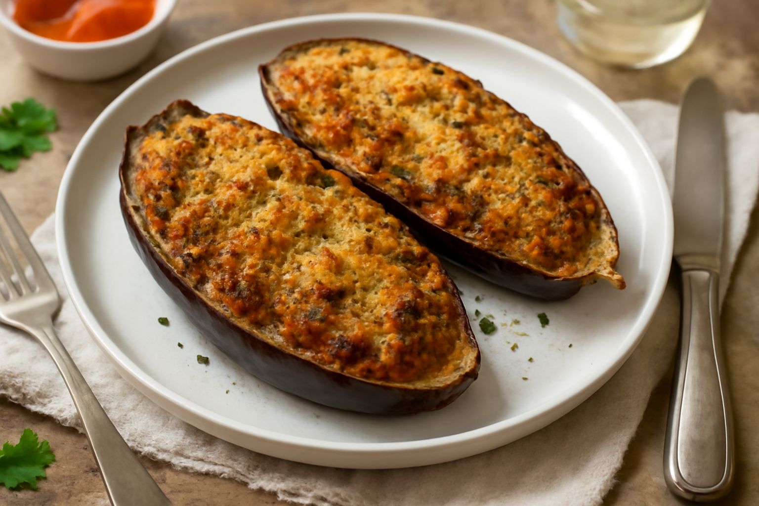 Due metà di melanzana riempite di ragù e formaggio fuso, coperte di pangrattato dorato, su un piatto bianco con contorno di pomodori freschi e basilico