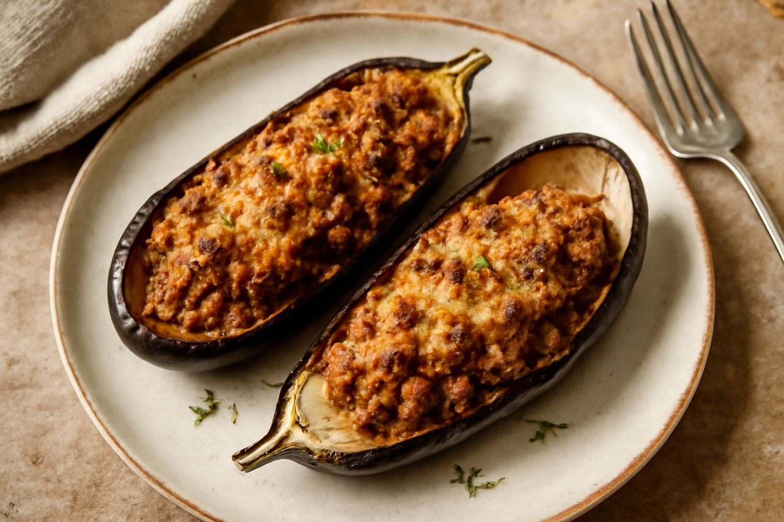 Melanzane ripiene dorate e croccanti sulla superficie in una teglia da forno, con formaggio fuso, rigate dal passapomodoro, contorno di riso bianco nel piatto
