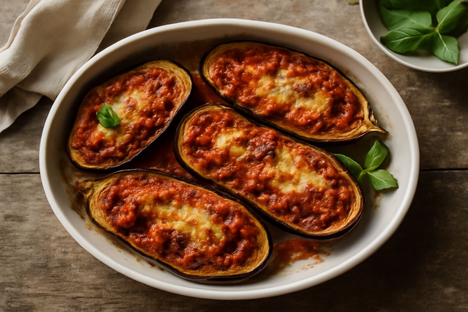 Melanzane ripiene tagliate a metà, piene di ragù rosso e formaggio fuso, in una pirofila bianca di porcellana, con basilico fresco in cima