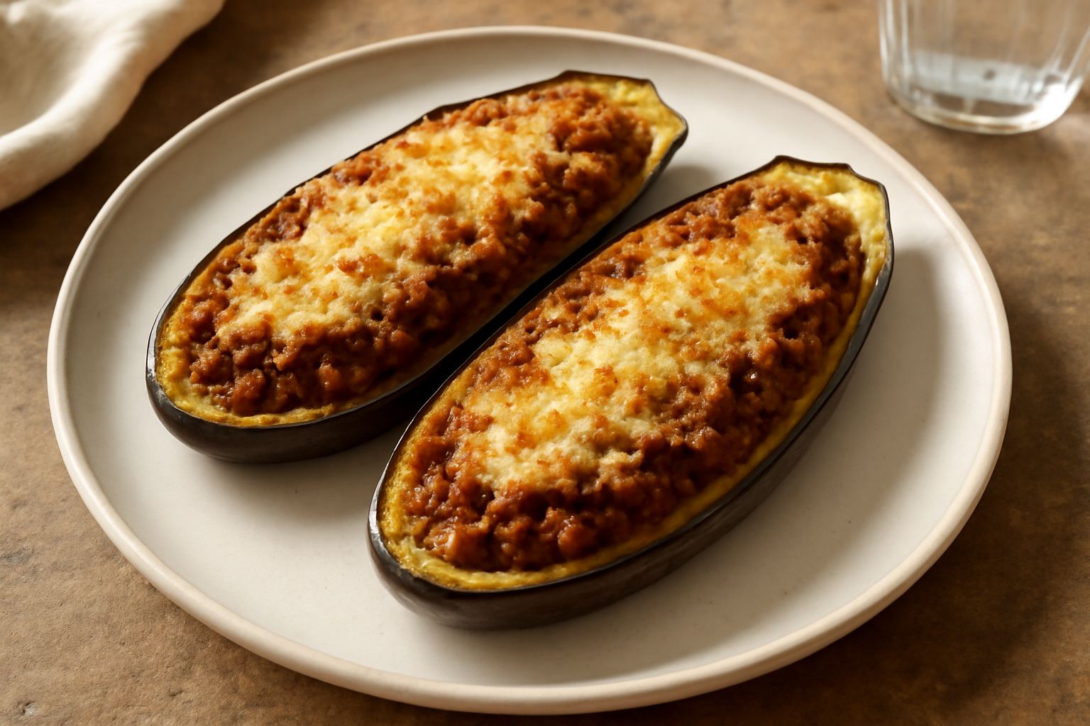 Due metà di melanzana scura e lucida riempite di ragù di carne marrone, coperte di parmigiano grattugiato bianco e oro, appena sfornate su piatto bianco.