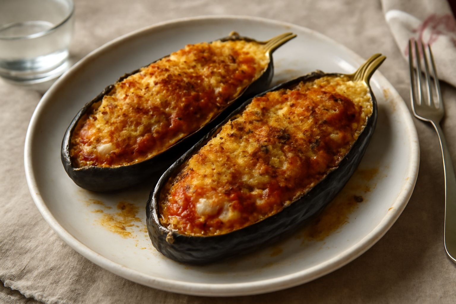 Due metà di melanzana nera riempite di un composto di pesce bianco e pomodoro rosso, cosparse di pane grattugiato dorato, in una teglia di ceramica bianca con fondo di sugo rosso pomodoro