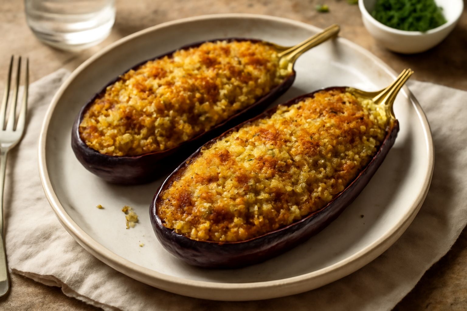 Due metà di melanzana riempite di un composto di carne e pangrattato dorato, cotte in forno, su un piatto bianco con pomodorini e prezzemolo fresco attorno