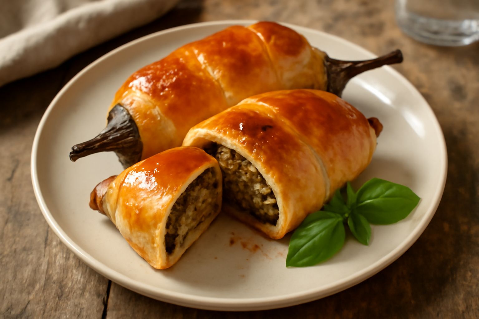 Melanzane intere o a fette ricoperte di pasta dorata e croccante, disposte in piatto bianco, con tracce di ripieno visibile alla base e condimento oleoso lucente in superficie