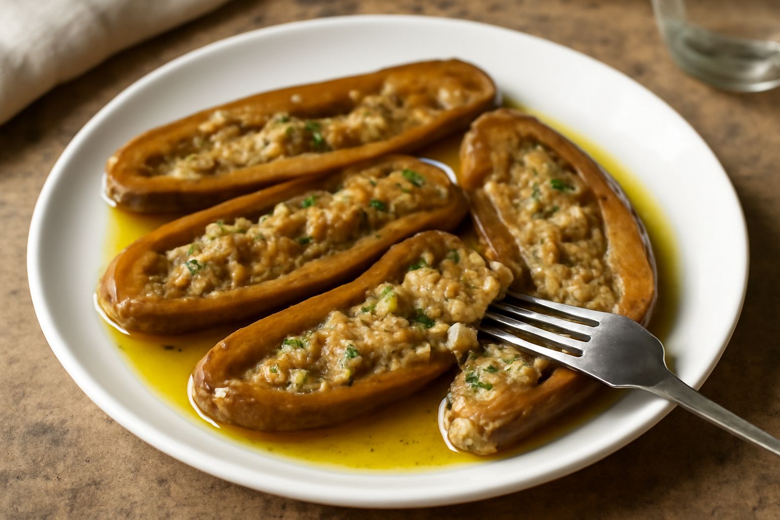 Melanzane tagliate a fette lunghe, dorate in superficie, riempite di briciole bianche e erbe verdi, distese in un barattolo di vetro coperte di olio trasparente e lucido