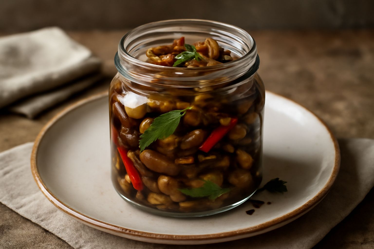 Barattolo di vetro con melanzane tagliate a strisce dorate e scure, immerse in aceto trasparente con foglie di menta e peperoncino rosso, su sfondo bianco