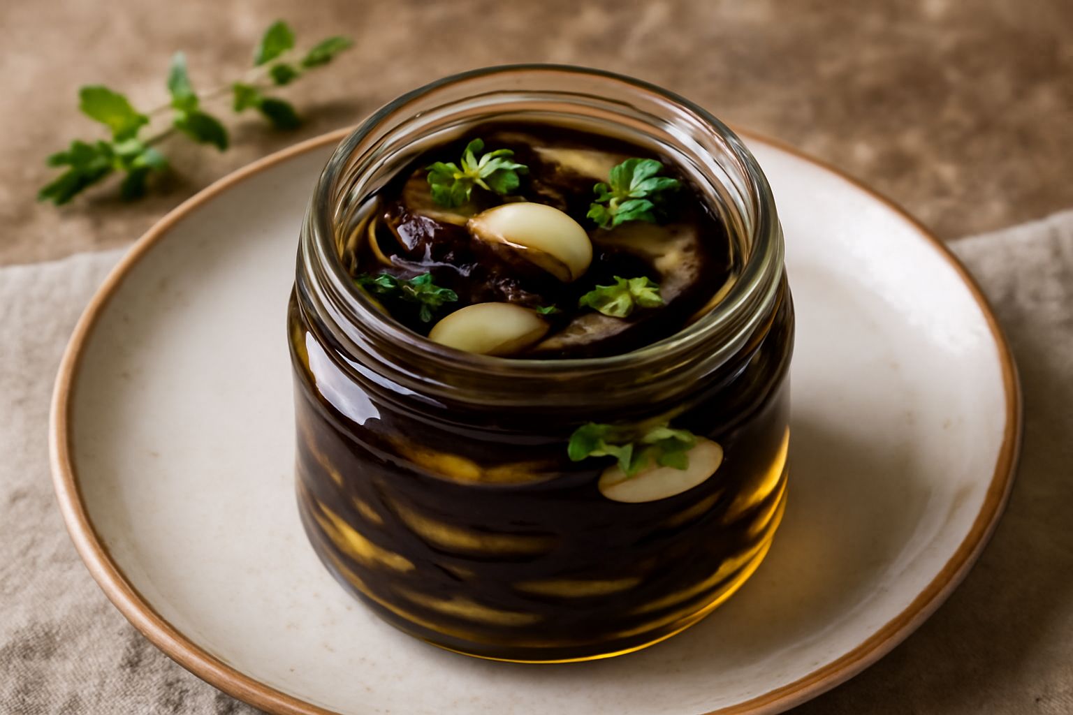 Melanzane sott'olio in un barattolo di vetro trasparente, fette sottili sovrappposte di colore viola scuro quasi nero, immerse in olio trasparente color giallo oro, aglio e foglie verdi di origano vis