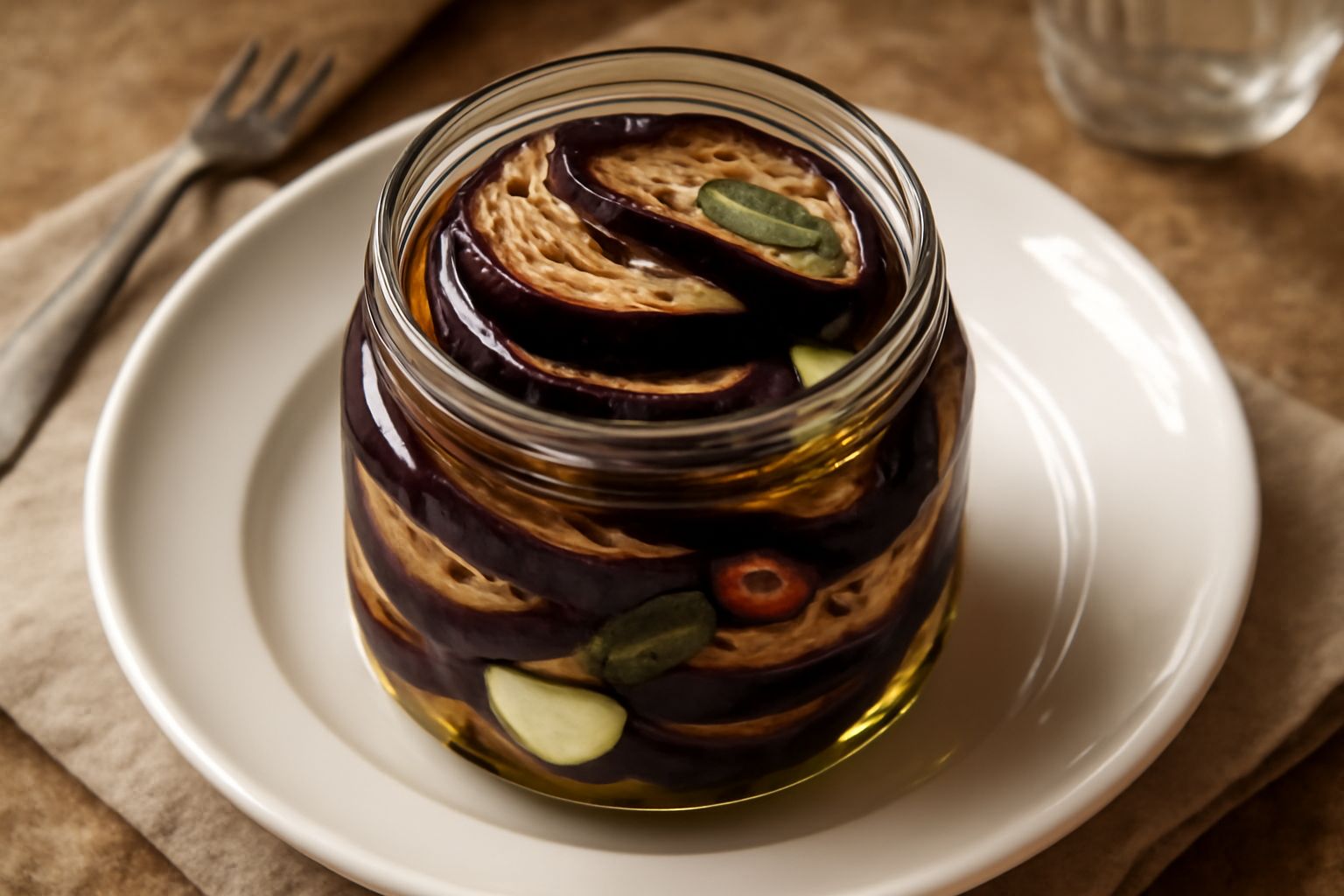 Vasetto di vetro trasparente con melanzane a fette di colore viola scuro immerse in olio trasparente, aceto e aglio bianco, su fondo di legno chiaro con torso di melanzana fresca accanto