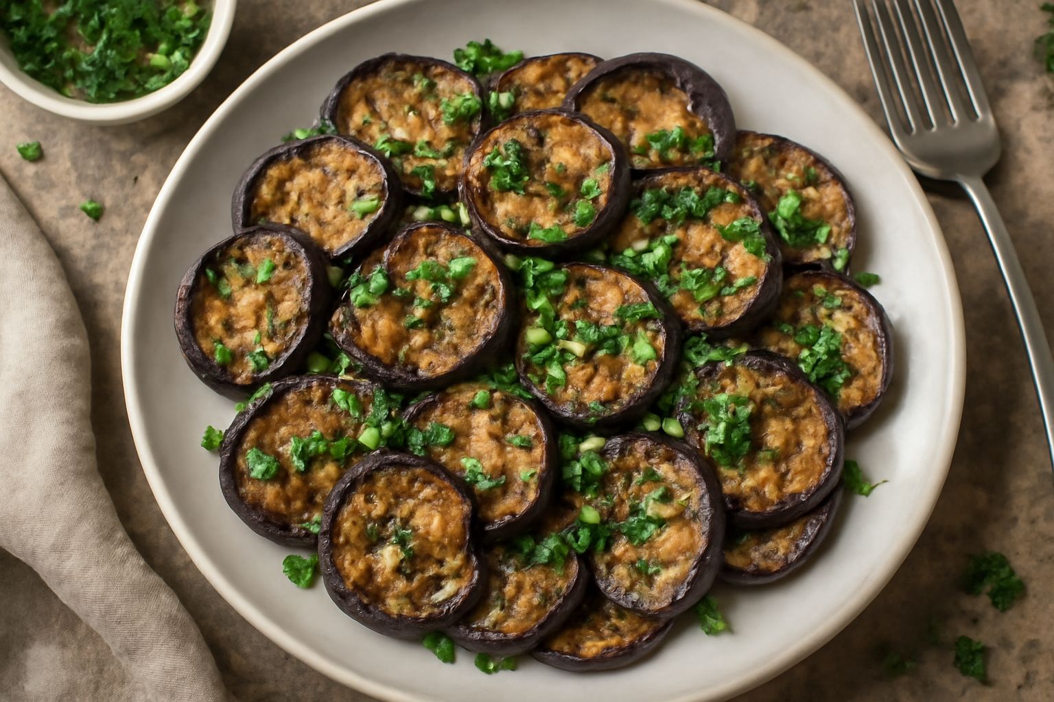 Melanzane trifolate tagliate a dadini in una padella antiaderente, dorate su tutti i lati, coperte di aglio tritato e prezzemolo fresco verde, servite in un piatto bianco con olio che brilla sulla sup