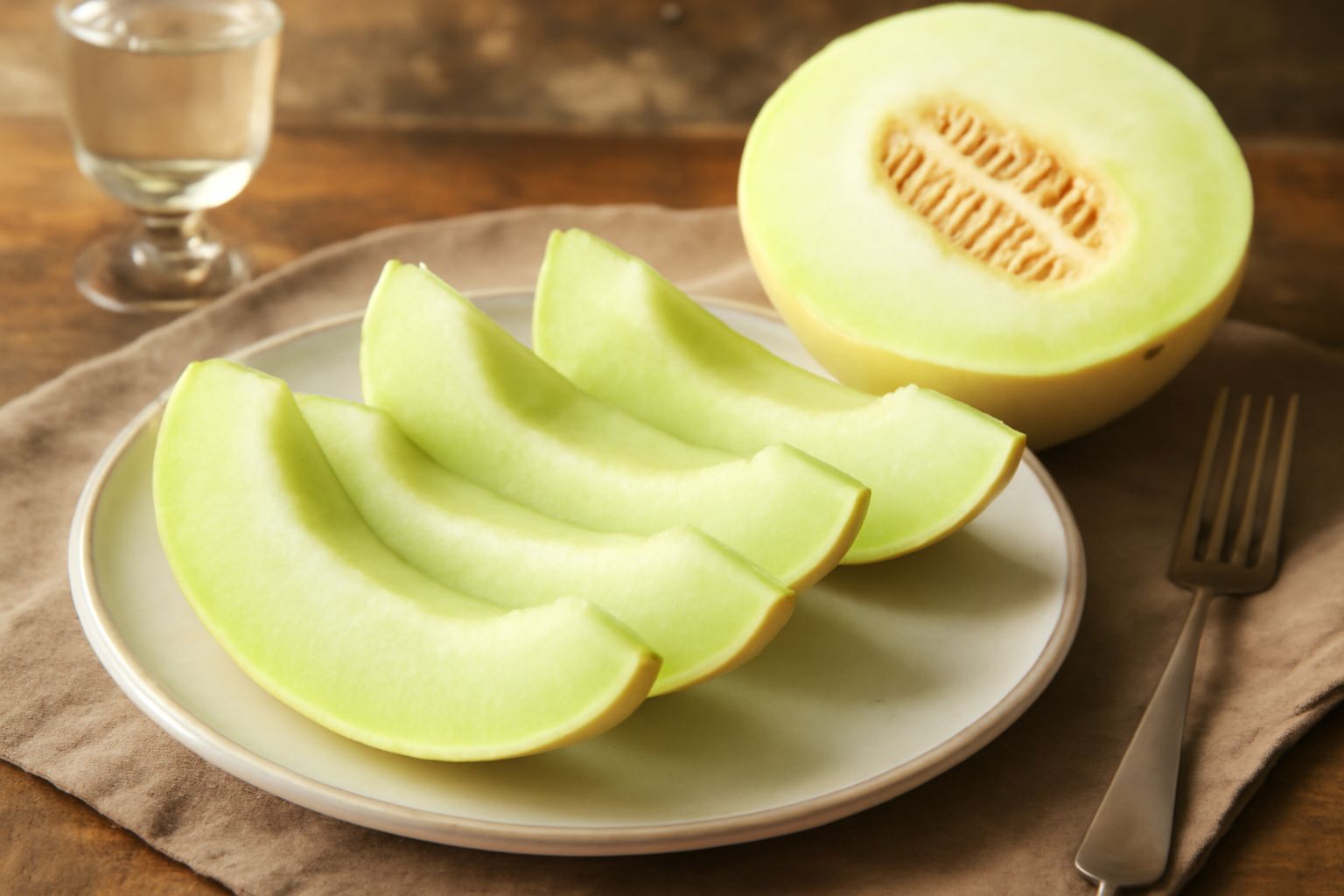 Melone melata tagliato a metà mostrando la polpa verde chiaro, i semi al centro e la buccia beige liscia, con fette disposte a ventaglio su un piatto bianco