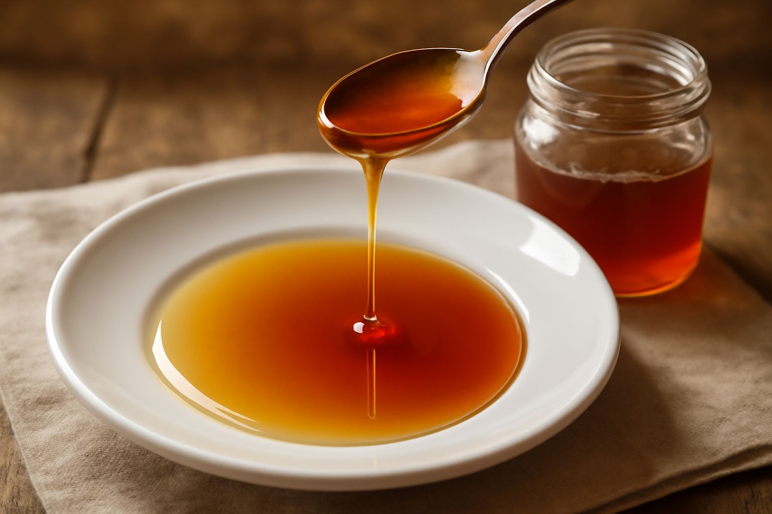 Barattolo di vetro trasparente con melata di castagne color ambra dorato, liquida e brillante, posato su rami di castagno con foglie verdi e ricci spinosi sullo sfondo