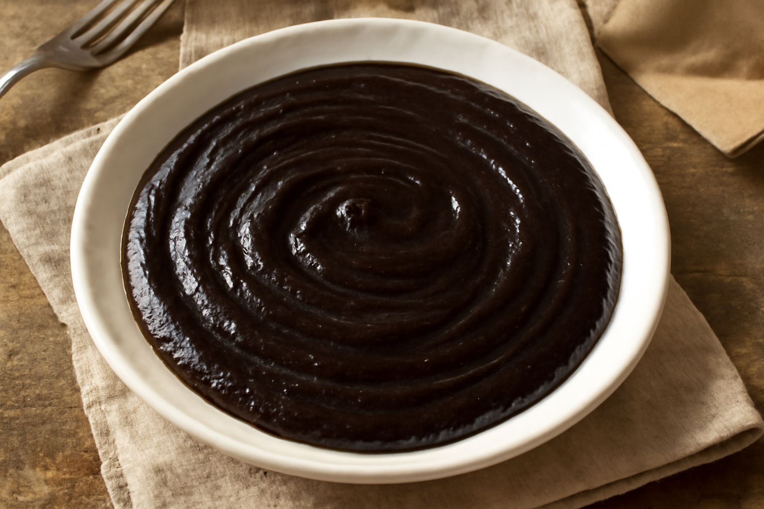 Melata di fichi color marrone scuro e lucida in una ciotola di ceramica bianca, circondata da fichi freschi interi e spezzati, con un cucchiaio di legno immerso nella crema