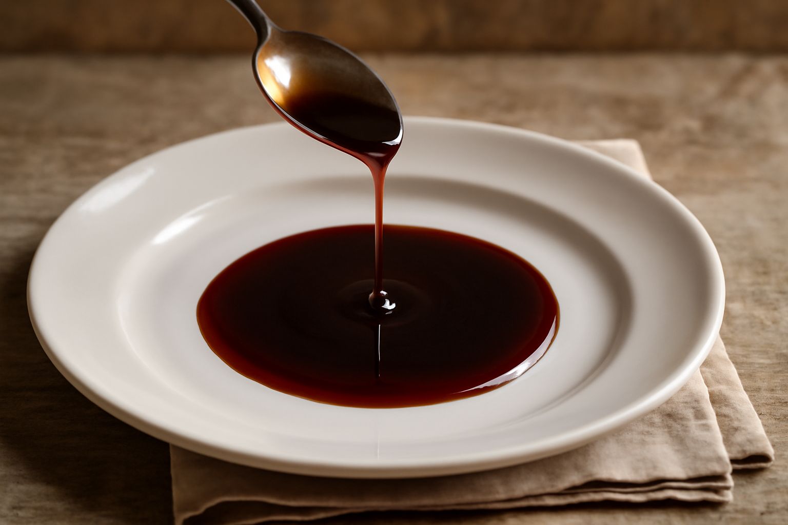 Melata di melagrana in una piccola ciotola di vetro, di colore rosso scuro lucido e denso, con un cucchiaio che la raccoglie, su sfondo bianco con melagrane intere sfondo sfocato
