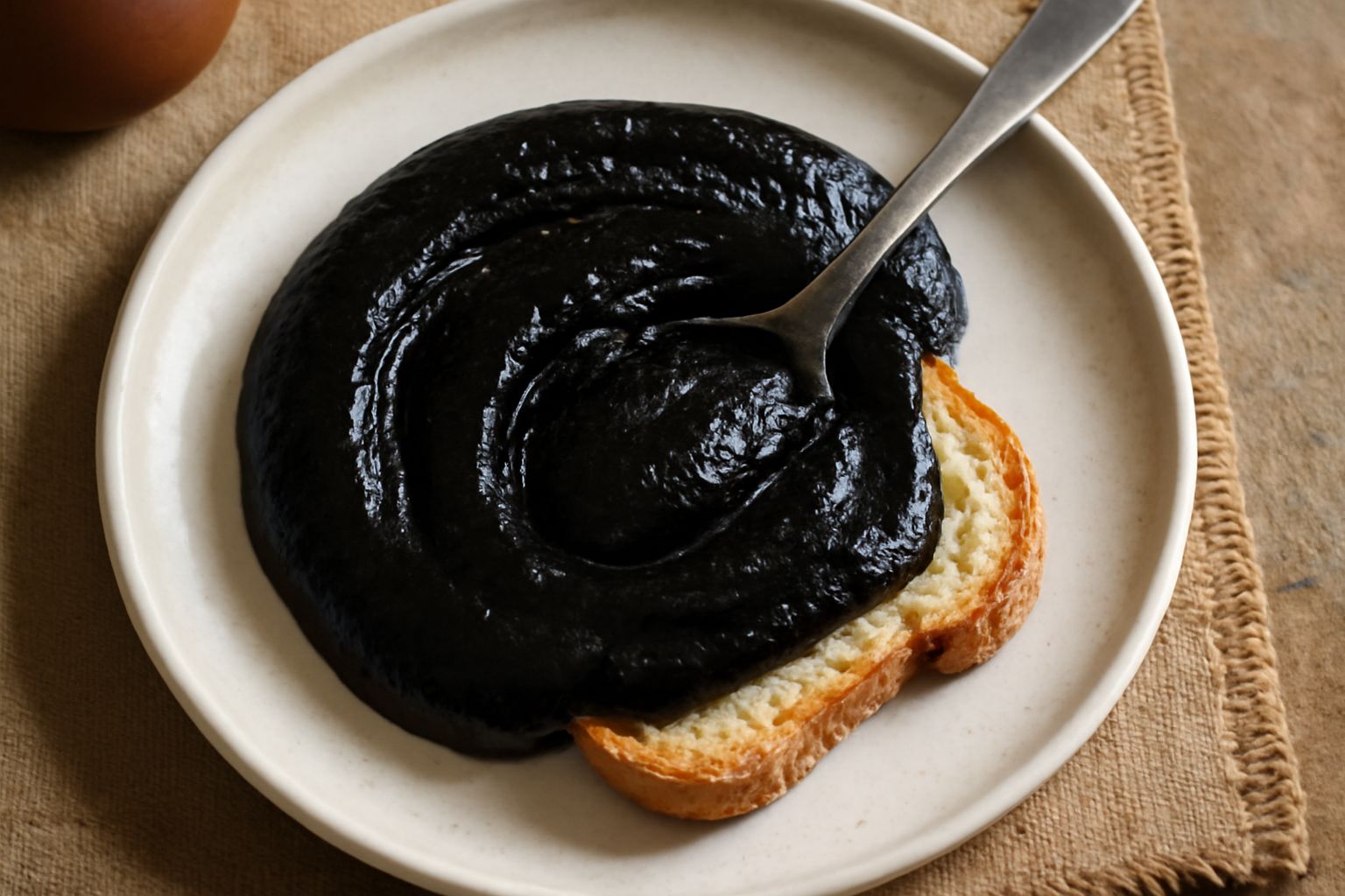 Melata di uva in un vasetto di vetro trasparente, color marrone scuro quasi nero, con consistenza densa e lucida, accompagnata da acini d'uva nera fresche su un piatto bianco