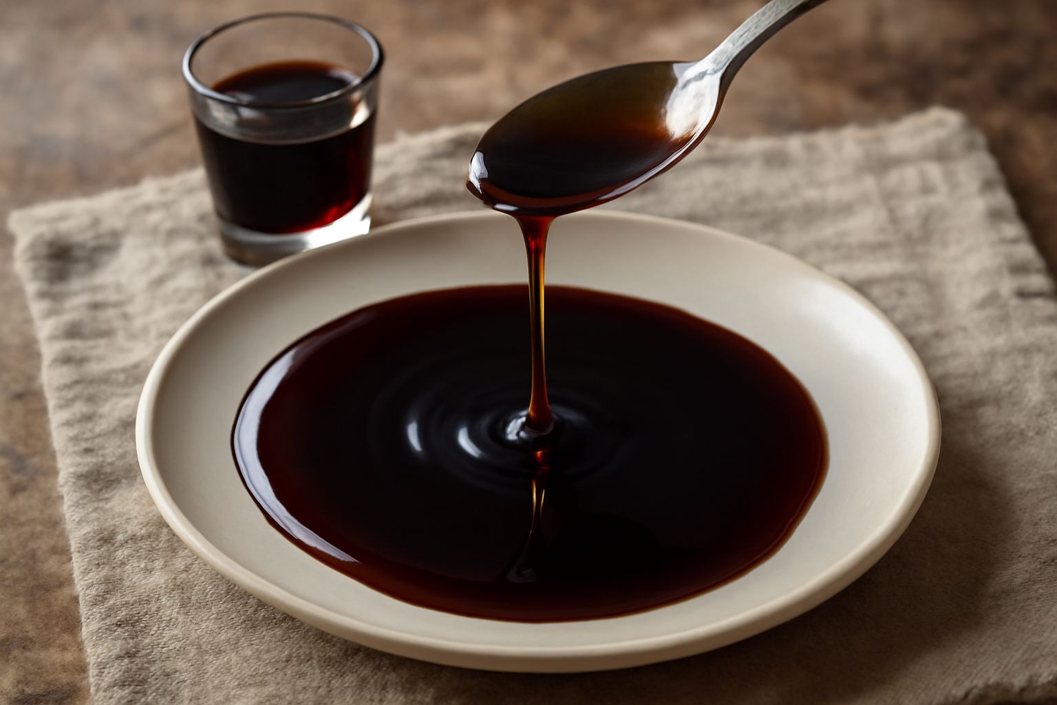 Melata d'uva in un vasetto di vetro trasparente, di colore scuro tendente al marrone ramato, densa e lucida, con un cucchiaio di legno che la raccoglie, circondato da acini d'uva rossa fresca