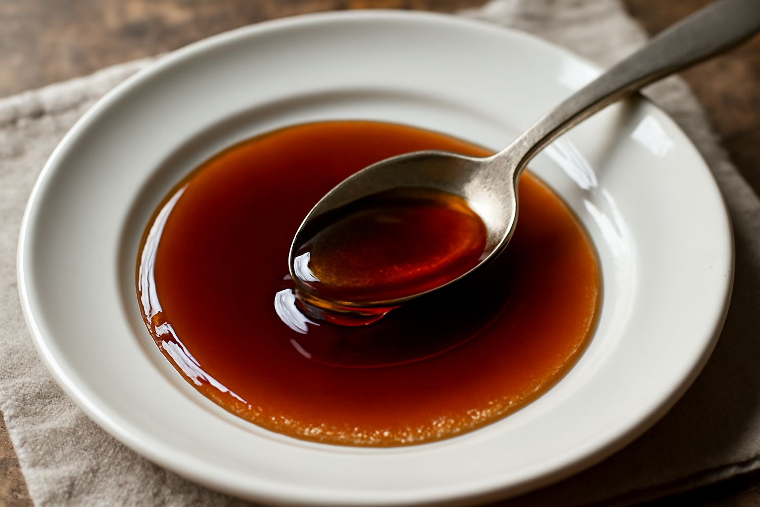 Un barattolo di vetro trasparente contenente melata trentina densa e ambrata, con un cucchiaio di legno che raccoglie il nettare denso e lucido, con sfondo di rami di abete verde scuro