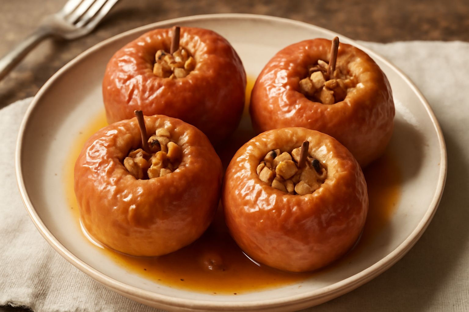 Tre mele rosse al forno su un piatto bianco, con la pelle ancora integra leggermente arrossata dal calore, ripiene di frutta secca e uvetta, vapore leggero ancora visibile