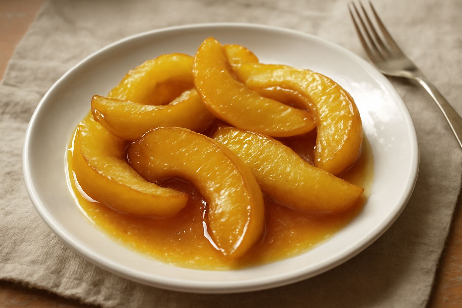 Mele cotogne caramellate tagliate a metà, disposte in un piatto bianco con glassa ambrata e lucida, rivestite di zucchero cristallizzato, con un cucchiaio di miele dorato accanto.